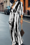 White Black Casual Print Buckle Strap Design Turndown Collar Loose Jumpsuits