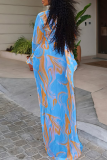 Blue Elegant Print U Neck Long Dresses