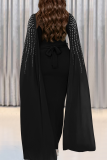 Black Elegant Solid Color Hot Drill O Neck Long Dresses