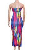 Pink Sexy Print Strapless Long Dresses