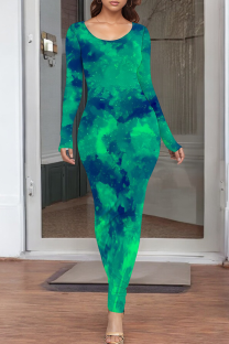 Green Casual Print O Neck Long Dresses