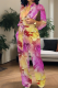 Rose Red Casual Print Buckle Strap Design Turndown Collar Loose Jumpsuits