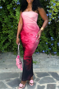 Pink Sexy Print Strapless Long Dresses