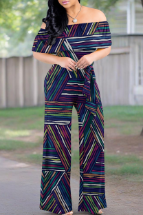 Navy Blue Casual Print Strap Design Off Shoulder Loose Jumpsuits