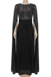 Black Elegant Solid Color Hot Drill O Neck Long Dresses