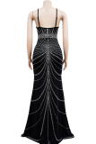 Black Sexy Solid Color Hot Drill Spaghetti Strap Long Dresses
