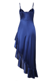 Tibetan Blue Sexy Solid Color Backless Spaghetti Strap Irregular Dresses