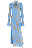 Blue Elegant Print U Neck Long Dresses