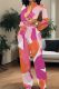 Multicolor Casual Print Buckle Strap Design Turndown Collar Loose Jumpsuits