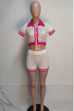 White Casual Buckle Contrast Turndown Collar Short Sleeve Two Pieces