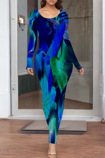 Deep Blue Casual Print O Neck Long Dresses