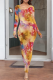 Yellow Casual Print O Neck Long Dresses