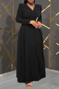 Black Elegant Solid Color V Neck Long Dresses