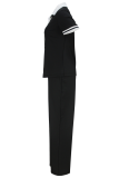 Black Casual Solid Color Buckle Contrast Turndown Collar Short Sleeve Two Pieces