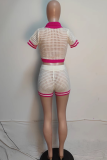 White Casual Buckle Contrast Turndown Collar Short Sleeve Two Pieces