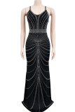 Black Sexy Solid Color Hot Drill Spaghetti Strap Long Dresses