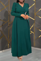 Ink Green Elegant Solid Color V Neck Long Dresses