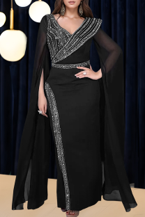Black Elegant Solid Color Hot Drill V Neck Long Dresses