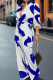 Blue White Casual Print Buckle Strap Design Turndown Collar Loose Jumpsuits