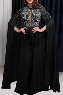 Black Sexy Elegant Solid Color Hollow Out Hot Drill O Neck Long Dresses