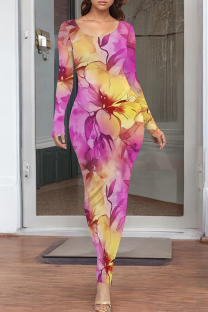 Rose Red Casual Print O Neck Long Dresses