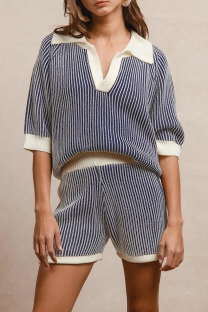 Deep Blue Casual Stripe Turndown Collar Short Sleeve Two Pieces