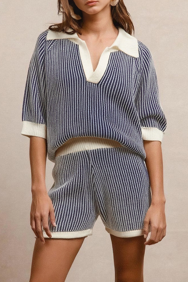 Deep Blue Casual Stripe Turndown Collar Short Sleeve Two Pieces