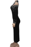 Black Sexy Elegant Solid Color Hot Drill O Neck Long Dresses