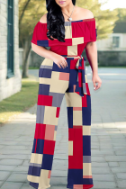 Red Casual Print Strap Design Off Shoulder Loose Jumpsuits