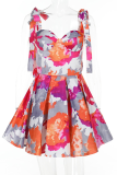 Rose Red Sexy Print Backless Strap Design Spaghetti Strap A Line Dresses