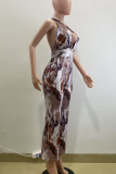 Coffee Casual Print Backless Halter Regular Jumpsuits