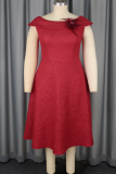 Red Elegant Solid Color Feathers O Neck Long Dresses