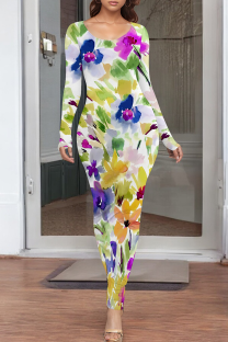 White Casual Print O Neck Long Dresses