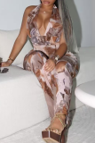 Coffee Casual Print Backless Halter Regular Jumpsuits