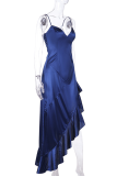 Tibetan Blue Sexy Solid Color Backless Spaghetti Strap Irregular Dresses