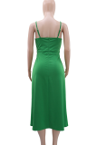 Green Sexy Solid Color Hollow Out Spaghetti Strap Long Dresses