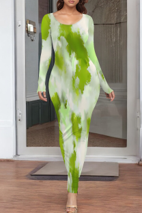 Light Green Casual Print O Neck Long Dresses