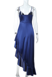 Tibetan Blue Sexy Solid Color Backless Spaghetti Strap Irregular Dresses