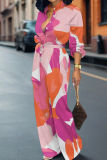 Multicolor Casual Print Buckle Strap Design Turndown Collar Loose Jumpsuits