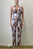 Coffee Casual Print Backless Halter Regular Jumpsuits