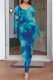 Blue Casual Print O Neck Long Dresses