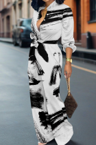 White Casual Print Buckle Strap Design Turndown Collar Loose Jumpsuits