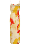 Yellow Sexy Print Spaghetti Strap Long Dresses