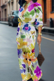 Multicolor Casual Print Buckle Strap Design Turndown Collar Loose Jumpsuits