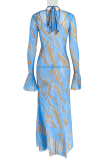 Blue Elegant Print U Neck Long Dresses
