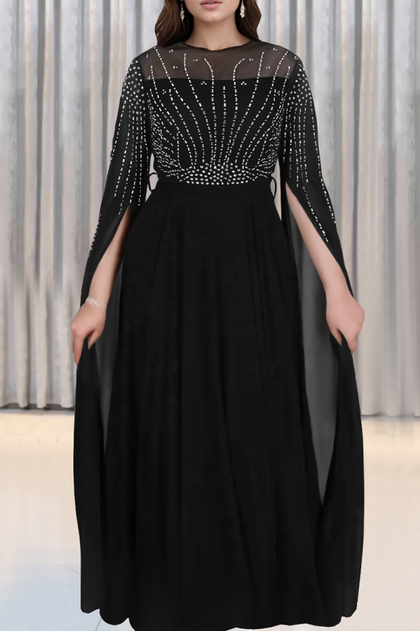 Black Elegant Solid Color Hot Drill O Neck Long Dresses