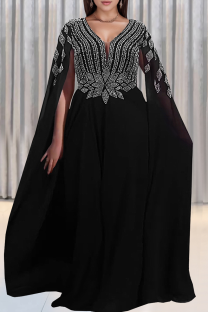 Black Elegant Solid Color Hot Drill V Neck Long Dresses