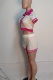 White Casual Buckle Contrast Turndown Collar Short Sleeve Two Pieces