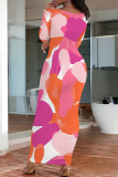 Baby Blue Casual Print O Neck Long Dresses