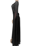 Black Elegant Solid Color Hot Drill O Neck Long Dresses